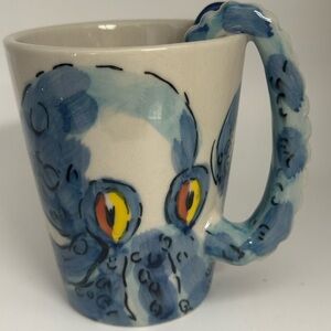 Hand-Painted Octopus Ceramic Mug with Blue Tentacle Handle